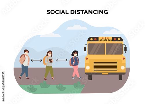 Concept of social distancing at school. Multiethnic, mix race kids maintaining a safe distance when picked up by yellow school bus. Scene of children wearing face mask. New normal. Vector illustration