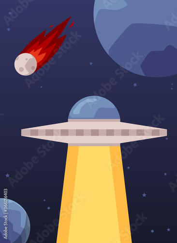 UFO in space - flat cartoon poster with alien spaceship with light beam