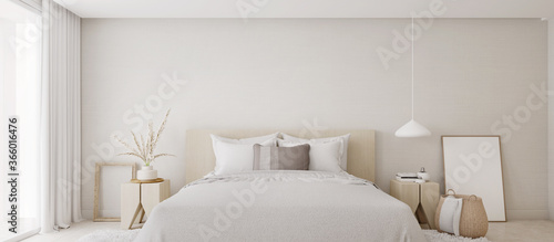 White bedroom interior.Earth tones design3d rendering