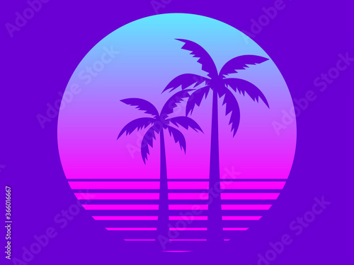 80s retro sci-fi palm trees on a sunset. Retro futuristic sun with palm trees. Summer time. Synthwave and retrowave style. Vector illustration