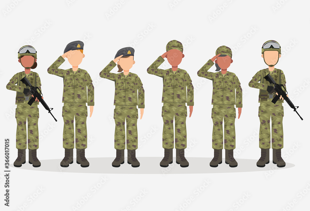 Naklejka premium Group of army, men and woman, in camouflage combat uniform saluting. Cute flat cartoon style. Isolated vector illustration.