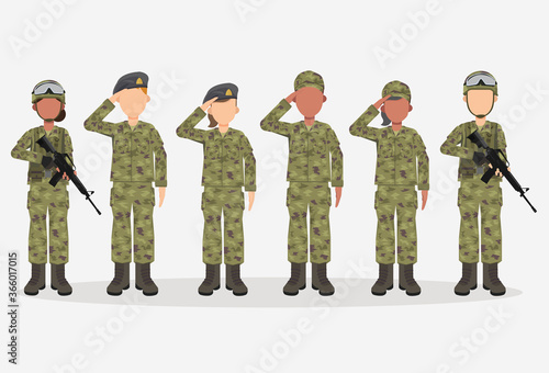 Group of army, men and woman, in camouflage combat uniform saluting. Cute flat cartoon style. Isolated vector illustration.