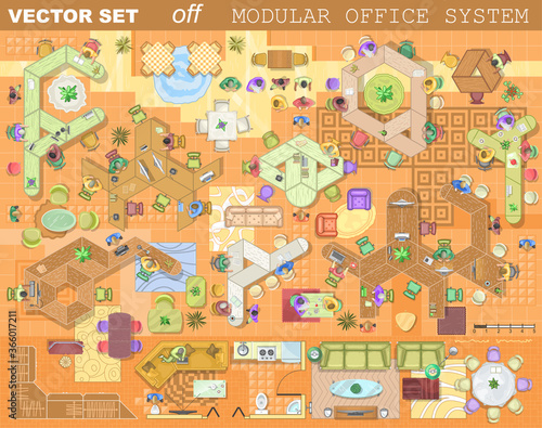 Modern office furniture icons in top view, vector floor plan collection. Contemporary workplace interior design elements. Desks with chairs, working person and computers for working space. 