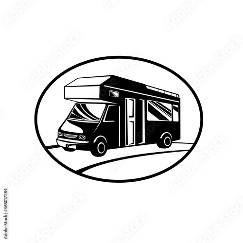 Campervan or Motorhome Side View Oval Retro Black and White