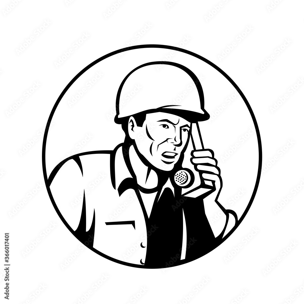 World War Two American Soldier Talking Walkie-Talkie Radio Communication Retro Black and White