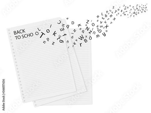 flying alphabet, black  letters on notebook. Concept for back to school on paper in line.
