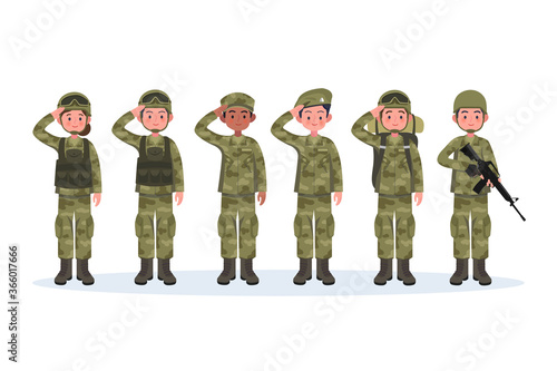 Group of army, men and woman, in camouflage combat uniform saluting. Cute flat cartoon style. Isolated vector illustration.