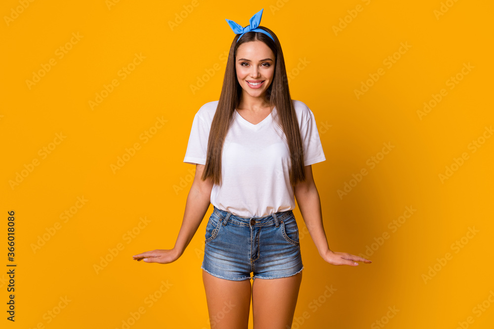 Portrait of candid nice lovely content girl enjoy spring weekend holiday  free time wear mini shorts isolated over bright shine color background  Stock Photo | Adobe Stock
