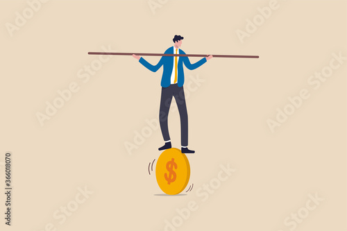 Financial and business risk, banking loan and debt risk, stability or balance of economics and investment or risk for losing job concept, businessman balancing not to fail from walking on golden coin.