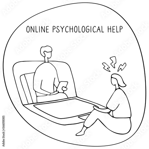 Woman at the psychologist online session. Doctor consultation by phone. Video call to psychiatrist. Online psychological therapy. Hand drawn doodle vector graphic