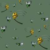 Green flies fly away from a yellow fly swatter against a khaki background.