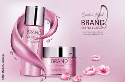 Set of cosmetics with essence and face cream. Product placement. Cherry blossom. Splash waves and drops. Place for brand. Realistic vectors