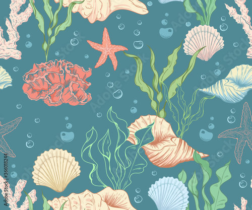 Seamless marine pattern with corals and algae
