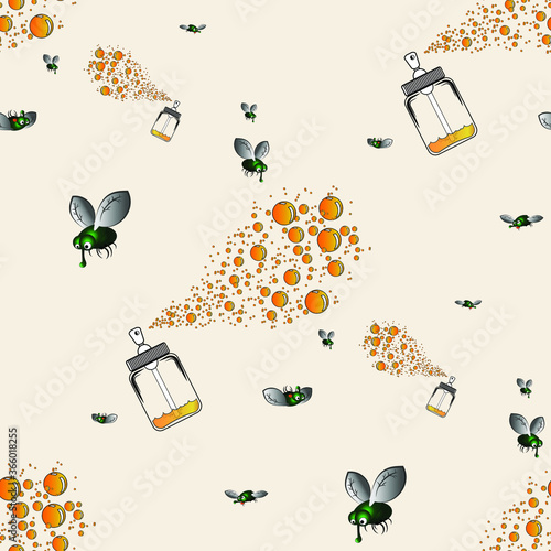 Green flies fly away from an aerosol bottle (balloon) of disinfecting yellow liquid.