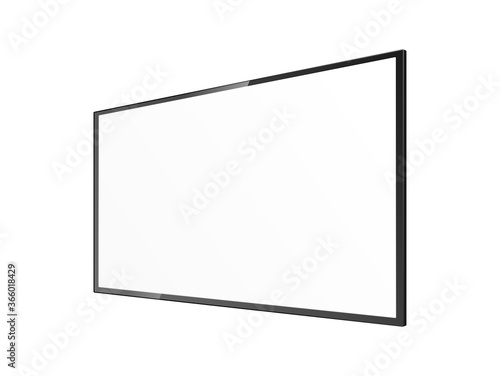 Realistic blank TV screen mockup from angled view - black rectangle panel