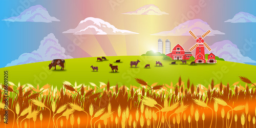 Organic milk farm vector landscape with village, livestock, mill, green field, meadow, sky, clouds. Farming agriculture rural background with wheat, cows, barn. Vector organic products concept