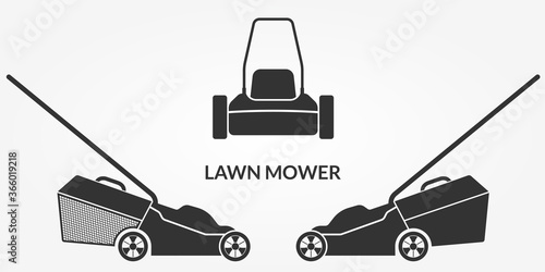 Lawn mower icon set. Lawnmower silhouettes. Grass care machine. Vector illustration.