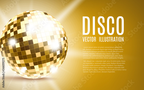 Disco party banner template with mirror ball, realistic vector illustration.