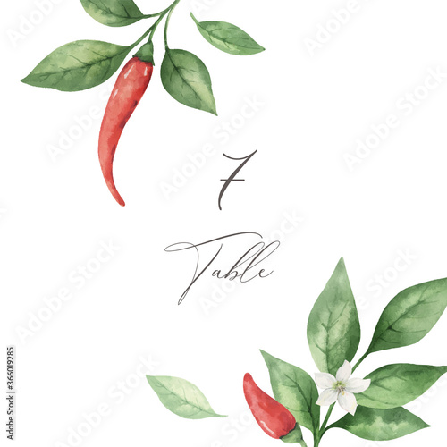 Watercolor vector hand painted red hot chili pepper wedding suite.