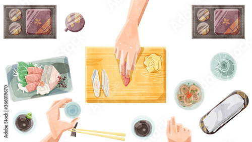 寿司屋カウンター水彩タッチイラスト