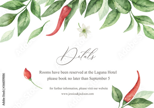 Watercolor vector hand painted red hot chili pepper wedding suite.