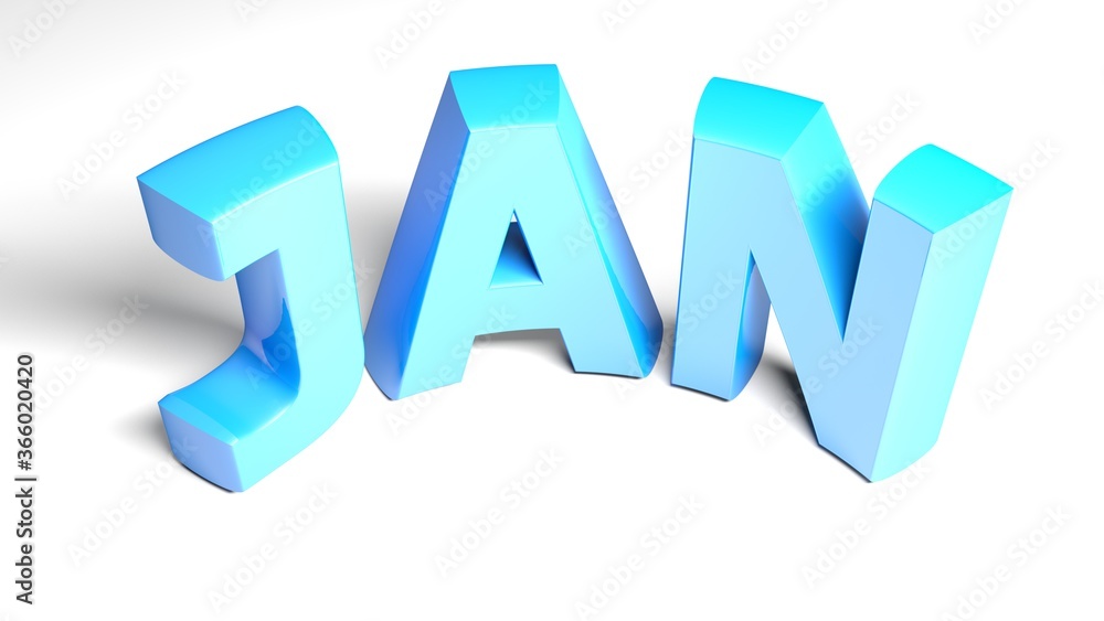 JAN for january, blue on white background - 3D rendering illustration JAN for january, blue on white background - 3D rendering illustration