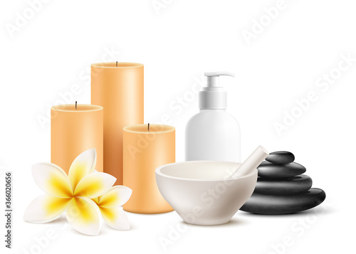 SPA massage procedures items with stones realistic vector illustration isolated.