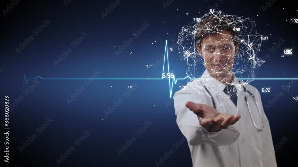 Heart rate monitor against male doctor holding spinning globe Heart rate monitor against male doctor holding spinning globe