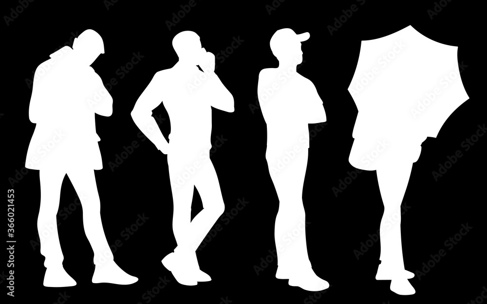 Set of young and adult men standing. Monochrome vector illustration of silhouettes of men in different poses. Stencil. White silhouettes isolated on black background. Front view.