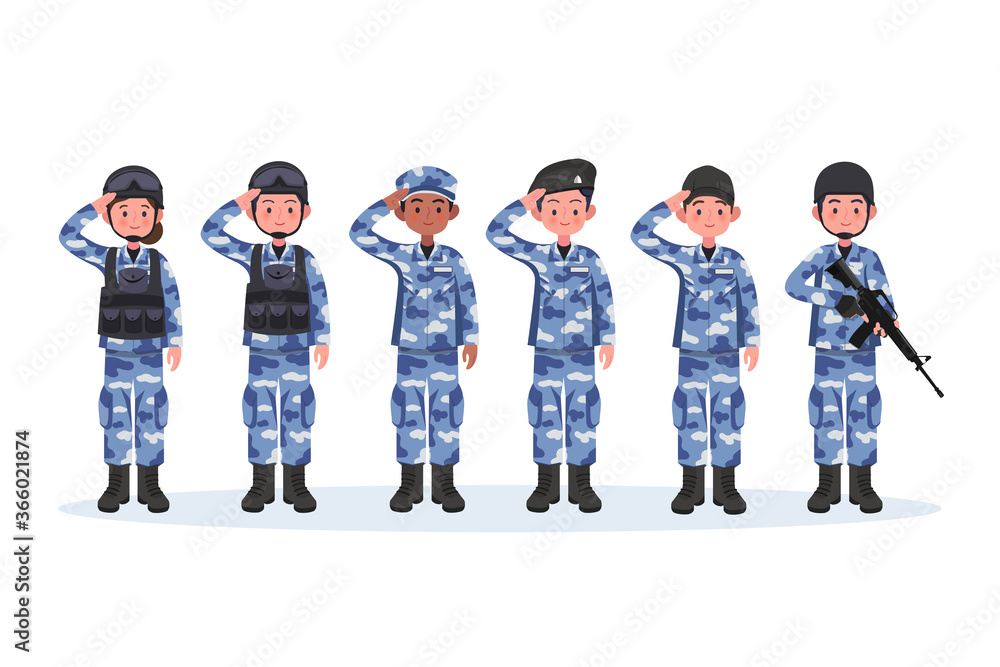 Group of army, men and woman, in camouflage combat uniform saluting ...