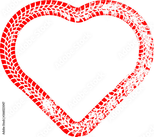 Tire tracks in heart form. Car thread silhouette. Vector illustration.