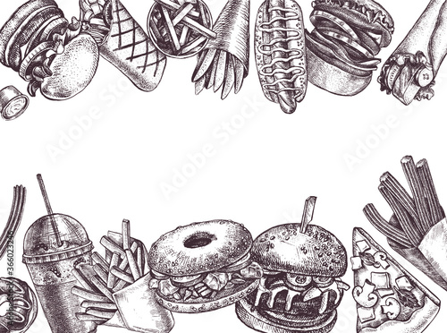 Ink hand drawn background of various burgers, hot dog, burrito, French fries, donut, pizza, churros, bagel. Food elements collection for menu or signboard design. Vector illustration.
