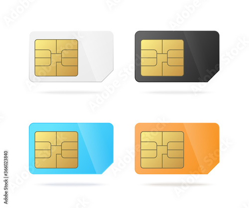 Set templates of phone sim cards chip, realistic vector illustration isolated.
