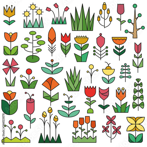 Nature, flora, trees, flowers, plants set in modern style. Abstract, geometric and linear style