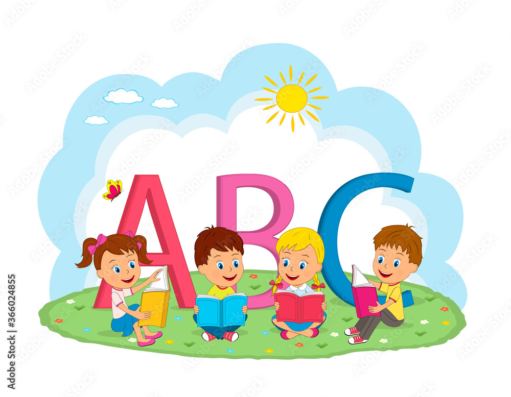 kids, boys and girls reading books sitting at the meadow,illustration,vector