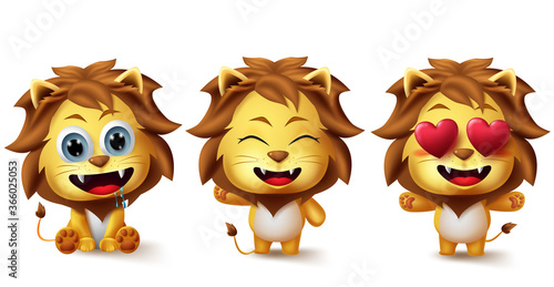 Animal lions character vector set. Animals lion kids characters in cute facial expressions like hungry, in love and happy in standing and sitting pose and gesture for jungle emoji collection design.