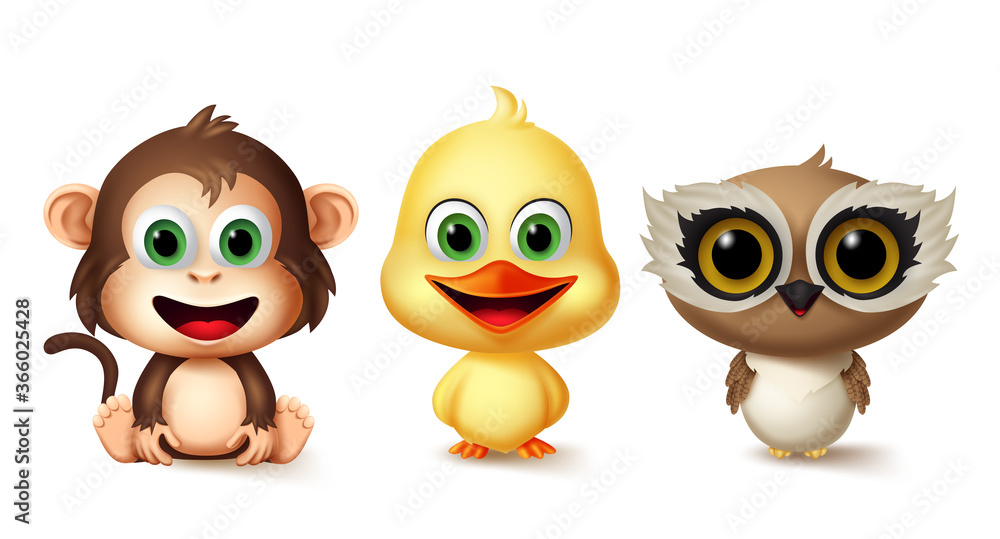 Animals character vector set. Monkey, duck and owl kids animal characters in cute smiling facial expression for pet collection design elements isolated in white background. Vector illustration 