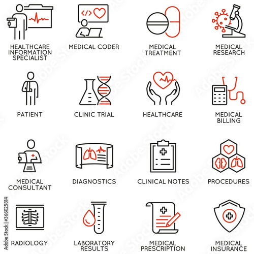Vector Set of Linear Icons Related to Health Information Management and Medical Coder. Mono Line Pictograms and Infographics Design Elements