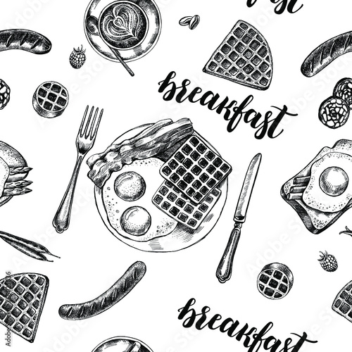 Decorative seamless pattern with Ink hand drawn breakfast dishes - fried eggs with bacon, toasts, sausages, coffee. Food elements texture for your design. Vector illustration.