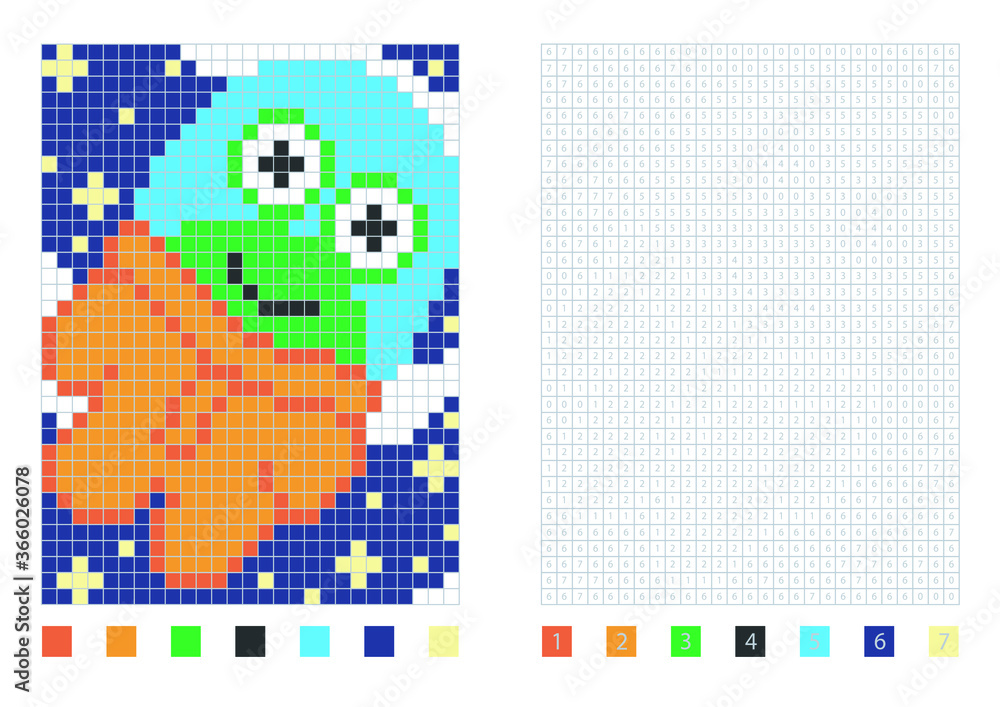 Fototapeta premium Pixel alien in the coloring page with numbered squares, vector illustration