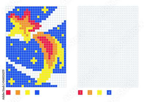 Pixel comet in the coloring page with numbered squares, vector illustration