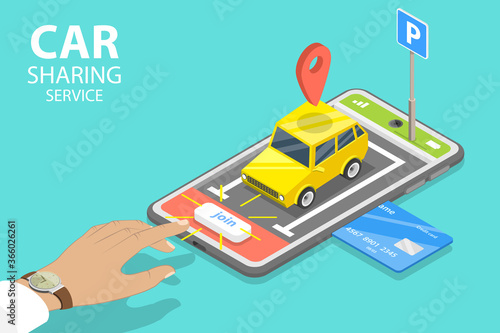 3D Isometric Flat Vector Concept of Shared Mobility, Car Sharing Service App, Vehicle Reting Model for Short Periods of Time.