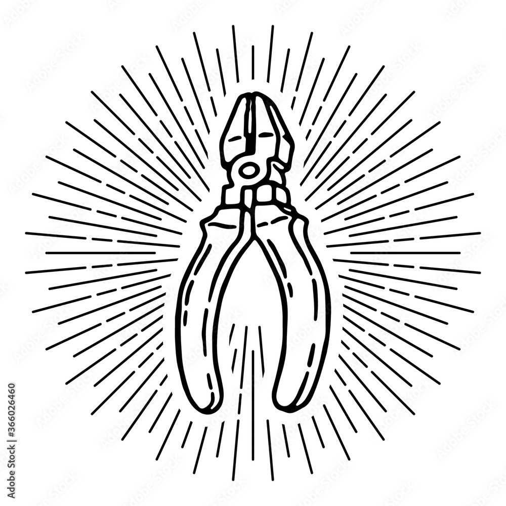 Hand drawn pliers icon with geometric diverging beams. Professional labor construction tool with black and white colors Hand drawn pliers icon with geometric diverging beams. Professional labor construction tool with black and white colors