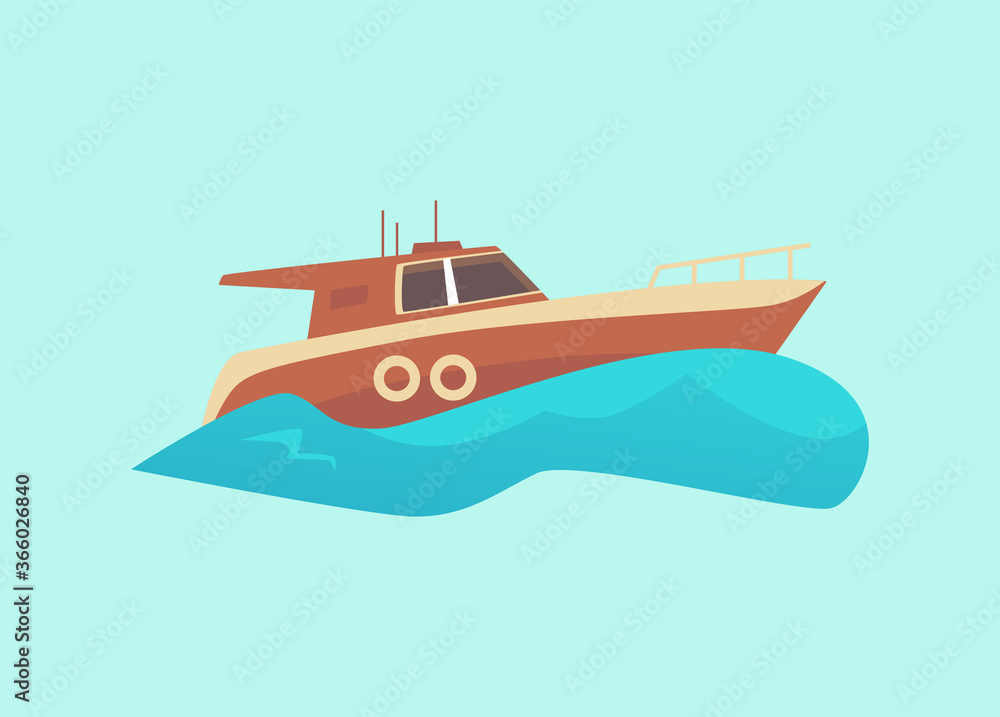 Motorized sea boat or yacht in water wave, flat vector illustration isolated.