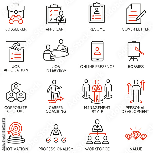 Vector Set of Linear Icons Related to Recruitment, Career Progress and Personal Development. Mono Line Pictograms and Infographics Design Elements
