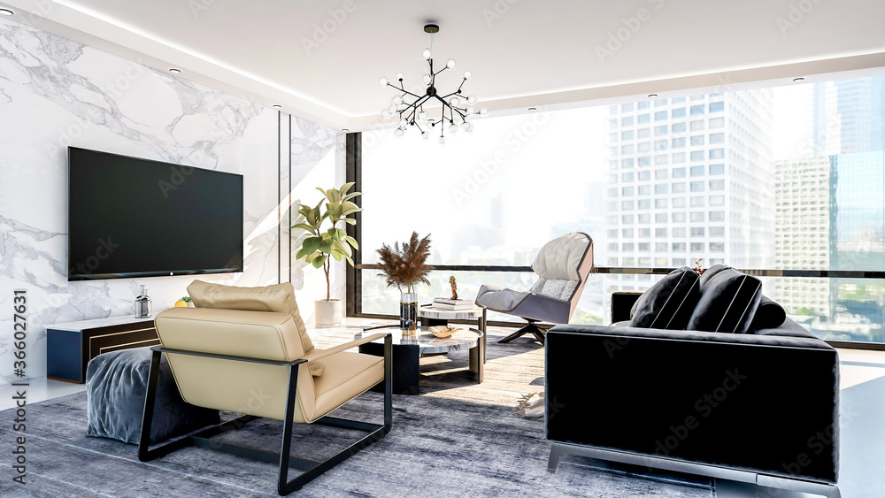 Modern and luxury apartment living room interior with large window, 3D Rendering Modern and luxury apartment living room interior with large window, 3D Rendering