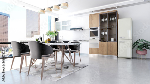 Modern contemporary stylish kitchen room interior, 3D Rendering 