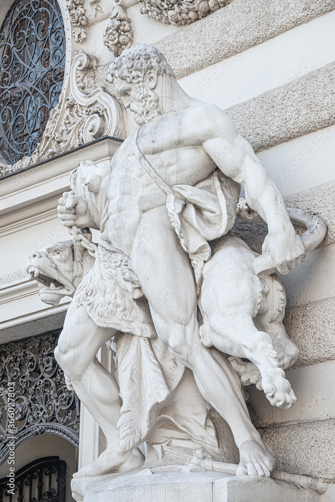 Statue of Hercules fighting Cerberus, a multiheaded dog beast that