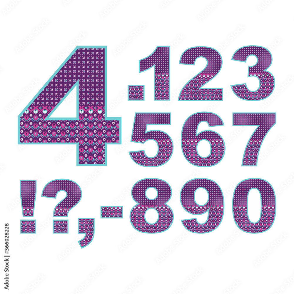 Vector abstract digits set with ornamental pattern. Cartoon signs