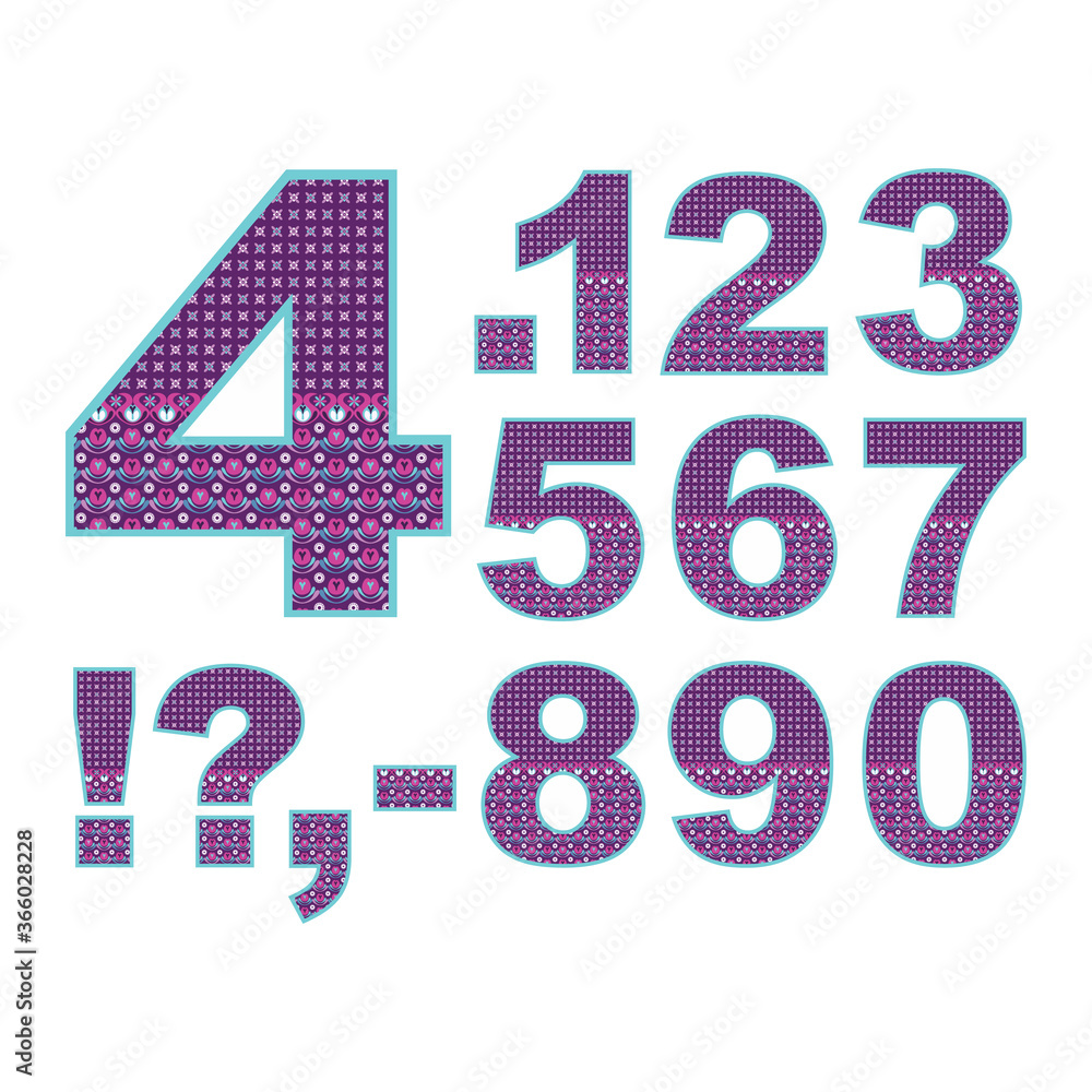 Vector abstract digits set with ornamental pattern. Cartoon signs Vector abstract digits set with ornamental pattern. Cartoon signs